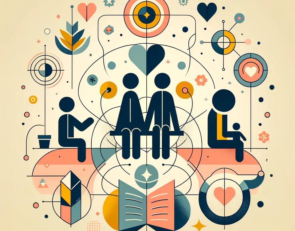 DALL·E 2024-04-15 17.04.22 - Create an abstract and stylized illustration for parental counseling, featuring figures representing a counselor, parents, and a child. These figures
